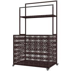 Wicker Pool Float Storage Organizer, PE Rattan Pool Float Holder with Basket Shelf Towel Bars, Rolling Pool Caddy for Floaties, Noodles, Life Ves (Color: Brown)